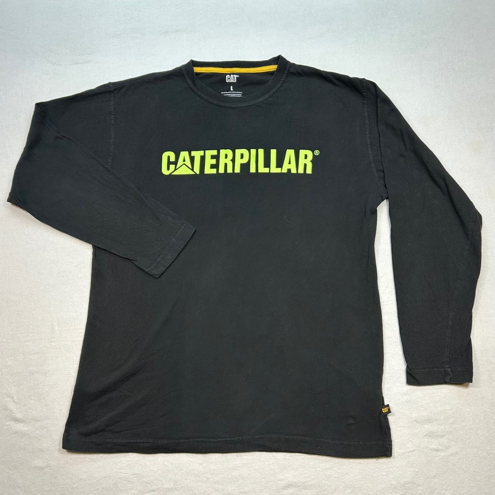 Caterpillar Long Sleeve T Shirt L Large Mens Black Lime Green Graphic Logo